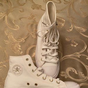 New, white, size 6, Converse canvas high-top, double-stacked platform sneaker.